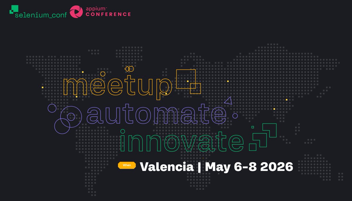 seleniumconf's tweet image. 🎉 We’re back!
SeleniumConf & AppiumConf 2026
📍Valencia, Spain
📅 May 6–8, 2026
After an amazing 2025 edition, we’re excited to return with more browser + mobile testing, learning, and community.
Save the date!
👉 seleniumconf.com
#SeleniumConf #AppiumConf