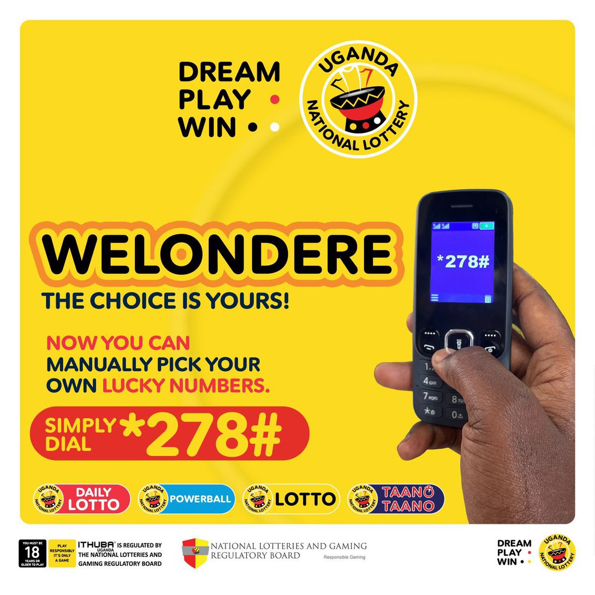 You can now select the preferred way to play the #UgandaNationalLottery games. You can  use quick pick or manually pick your lucky numbers to stand a chance of winning big.
Play responsibly!
#DreamPlayWin