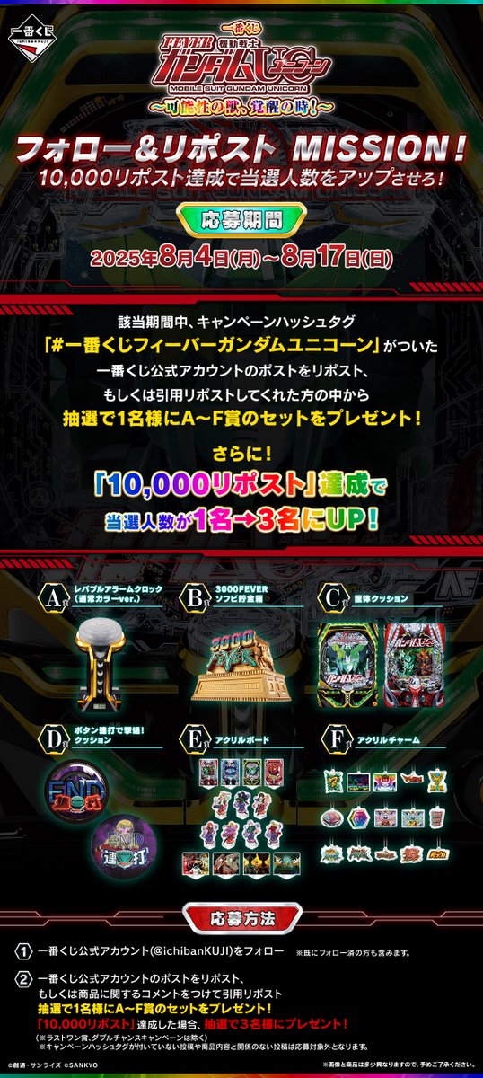 一番くじ(BANDAI SPIRITS) (@ichibankuji) on Twitter photo ◤◢◤◢◤◢◤◢◤◢◤◢◤◢◤◢
一番くじ
フィーバー機動戦士ガンダムユニコーン
~可能性の獣、覚醒の時!~
◤◢◤◢◤◢◤◢◤◢◤◢◤◢◤◢
🔥フォロー&リポストMISSION🔥
10,000リポスト達成で当選人数をアップ!
~2025年8月17日(日) 23:59まで!
🎯応募方法
①<a href="/ichibanKUJI/">一番くじ(BANDAI SPIRITS)</a>をフォロー ◤◢◤◢◤◢◤◢◤◢◤◢◤◢◤◢
一番くじ
フィーバー機動戦士ガンダムユニコーン
~可能性の獣、覚醒の時!~
◤◢◤◢◤◢◤◢◤◢◤◢◤◢◤◢
🔥フォロー&リポストMISSION🔥
10,000リポスト達成で当選人数をアップ!
~2025年8月17日(日) 23:59まで!
🎯応募方法
①<a href="/ichibanKUJI/">一番くじ(BANDAI SPIRITS)</a>をフォロー