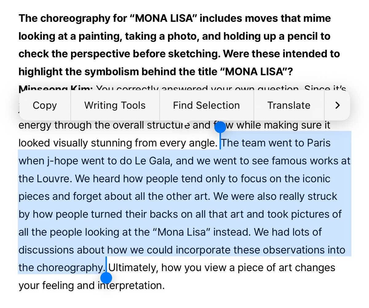 no bc i genuinely don’t think anyone takes their art as seriously as bts and j-hope in particular do.. going to the actual louvre to build a deeper narrative around a song called mona lisa.. like do you get how deep your love for art has to run for that to even cross your mind??