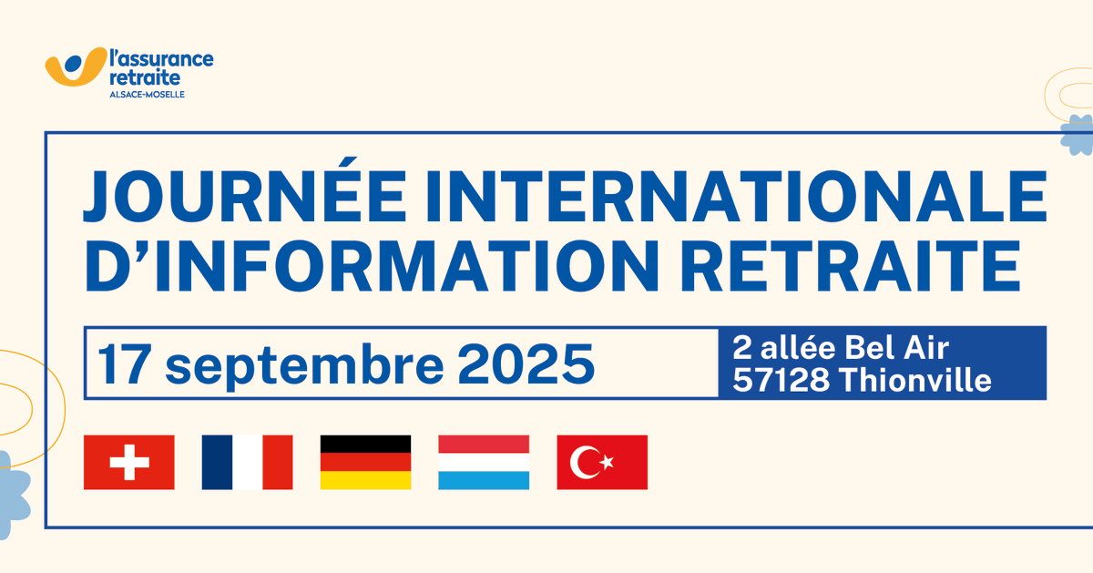 👋Vous avez travaillé en France et en Allemagne, en Suisse ou au Luxembourg ? Bonne nouvelle ! La <a href="/Carsat_AM/">Carsat Alsace-Moselle</a> organise le 17 septembre à Thionville des RDV avec des conseillers de ces pays et l'<a href="/AgircArrco/">Agirc-Arrco</a> 📢Inscrivez-vous dès maintenant 👉smartagenda.fr/pro/carsat-am/…