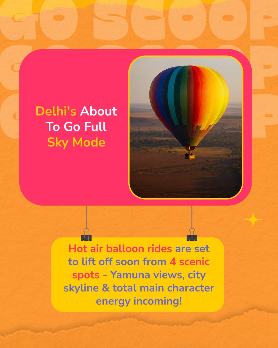 gostopsofficial's tweet image. Hot air balloon rides are coming to Delhi in 2 months!
Take off from 4 scenic spots:
🌿 Asita (Yamuna greens)
🎋 Baansera Park
🏟️ Yamuna Sports Complex
🥇 CWG Sports Complex
Delhi’s air game is getting a serious upgrade.
#GoStops #GoMoreBeMore  #Delhi #HotAirBalloon  #goSCOOP
