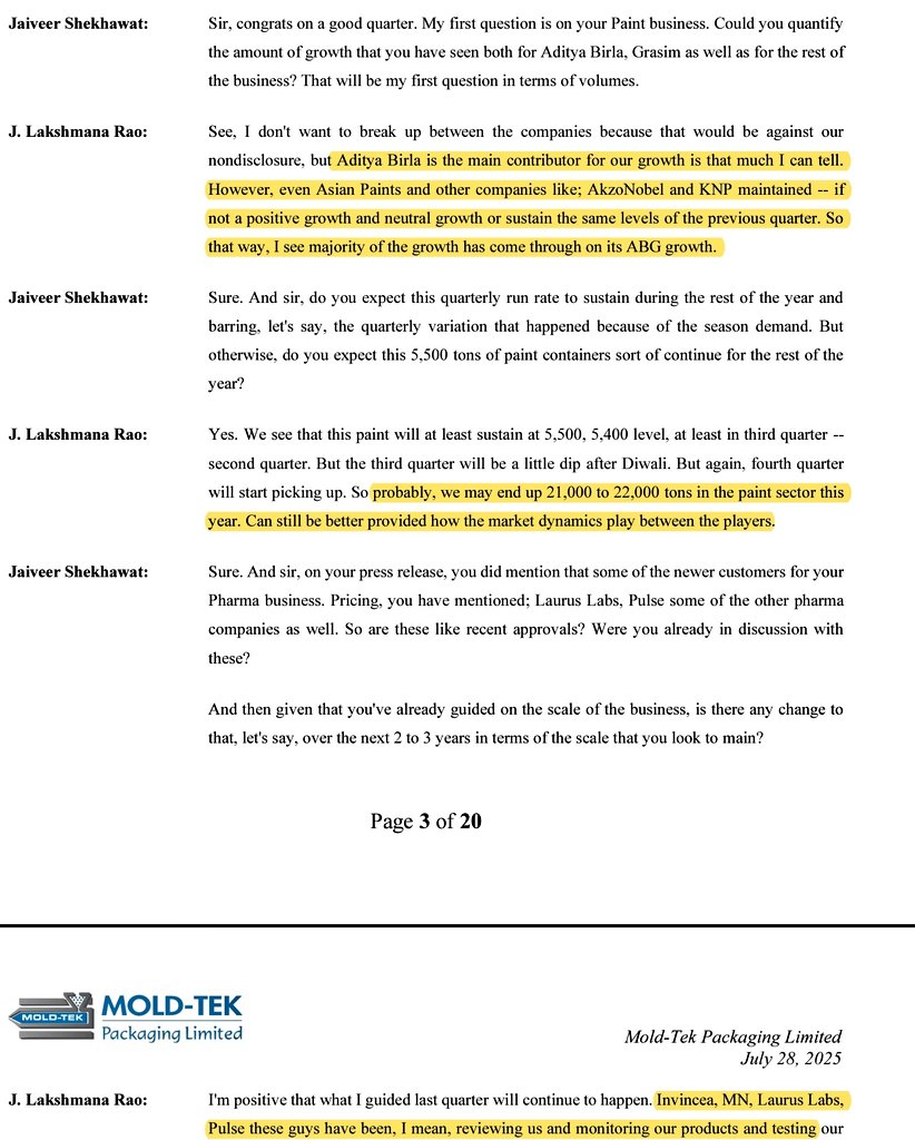 shailesh_tone's tweet image. Mold-Tek Packaging Concall
July 2025

Paints segment grew 21% YOY

In Q1 Asian Paints sales growth 0%. Grasim has contributed majority of the growth. 

Once highly decorated compounding machine is struggling to grow sales. MOAT doesn't guarantee you the growth.

#paints #moldtek