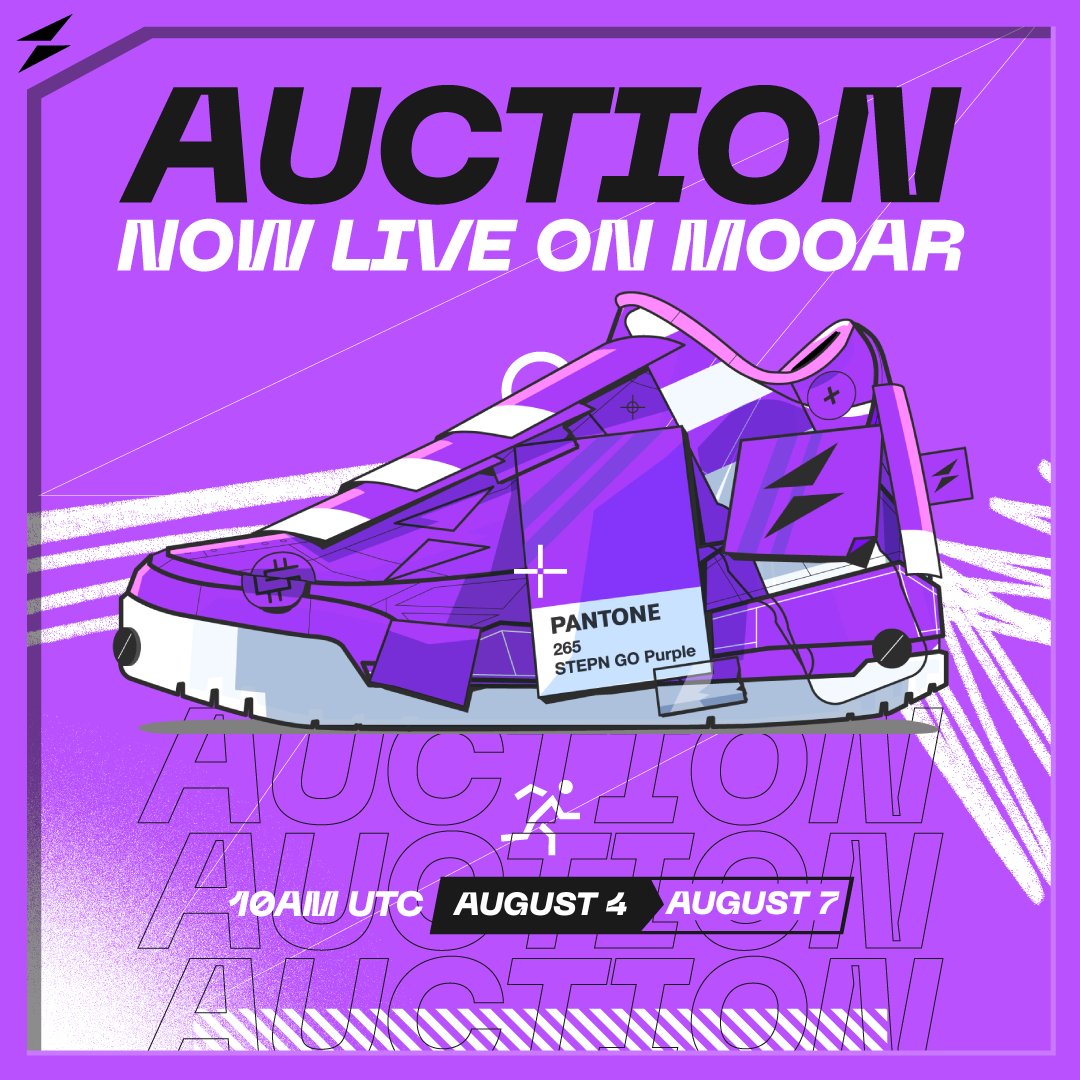 Stepnofficial's tweet photo. 🚨 Round 2 of the STEPN GO x @Pantone Auction is LIVE! 🚨

Missed out last week? No worries, here’s another chance to get one of FIVE Pantone x STEPN GO Purple Genesis Sneakers! 🟣

🎯 Where to bid: https://t.co/jXp8PUmvV2
⏳ Ends: August 7, 12 PM UTC

Good luck! https://t.co/eStJOsurp0