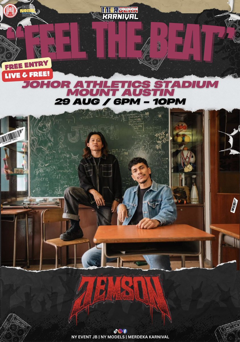 This 29 Aug, 9PM. Jemson ignites the stage at Johor Athletics Stadium, Mount Austin for Karnival Merdeka! 🇲🇾 

It’s loud, it’s live, and it’s FREE.
Rally the crew — Ahlul JSM, let’s set the night on fire! 🔥