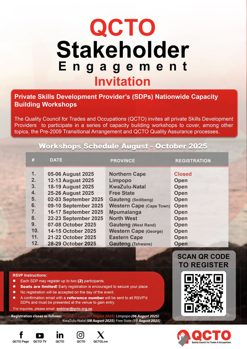 QCTO post:🎓 Empowering SDPs Nationwide! Join the QCTO Capacitation Workshops 2025 to boost your compliance, quality assurance, and learner success. 📷 📷 Register here: lnkd.in/ds27Qq5U #QCTO #SkillsDevelopment #SDPCapacityBuilding