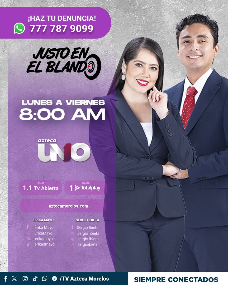 📺🎯 ¿No hay luz en tu colonia y los baches crecen más y más? Érika Mayo y Sergio Ibieta junto a todo el equipo de #JustoEnElBlando están listos de lunes a viernes para darle voz a todas tus denuncias. 📲 ¡Sintonízalos en punto de las 8:00 am!