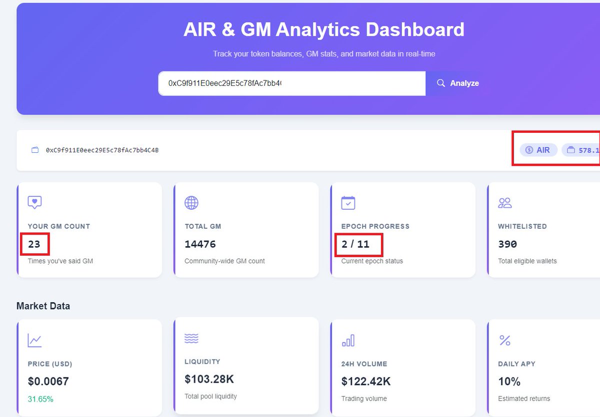 🚀 Ethos Wallet Scanner Web App for Ethos is live!

🔹 Check your wallet balance
🔹 Your GM count &amp; total GM
🔹 Current Epoch info
🔹 Live $AIR token price, MC &amp; more
It fetches data directly from the $AIR ETH contract.
No wallet connection needed. 

just scan and view!