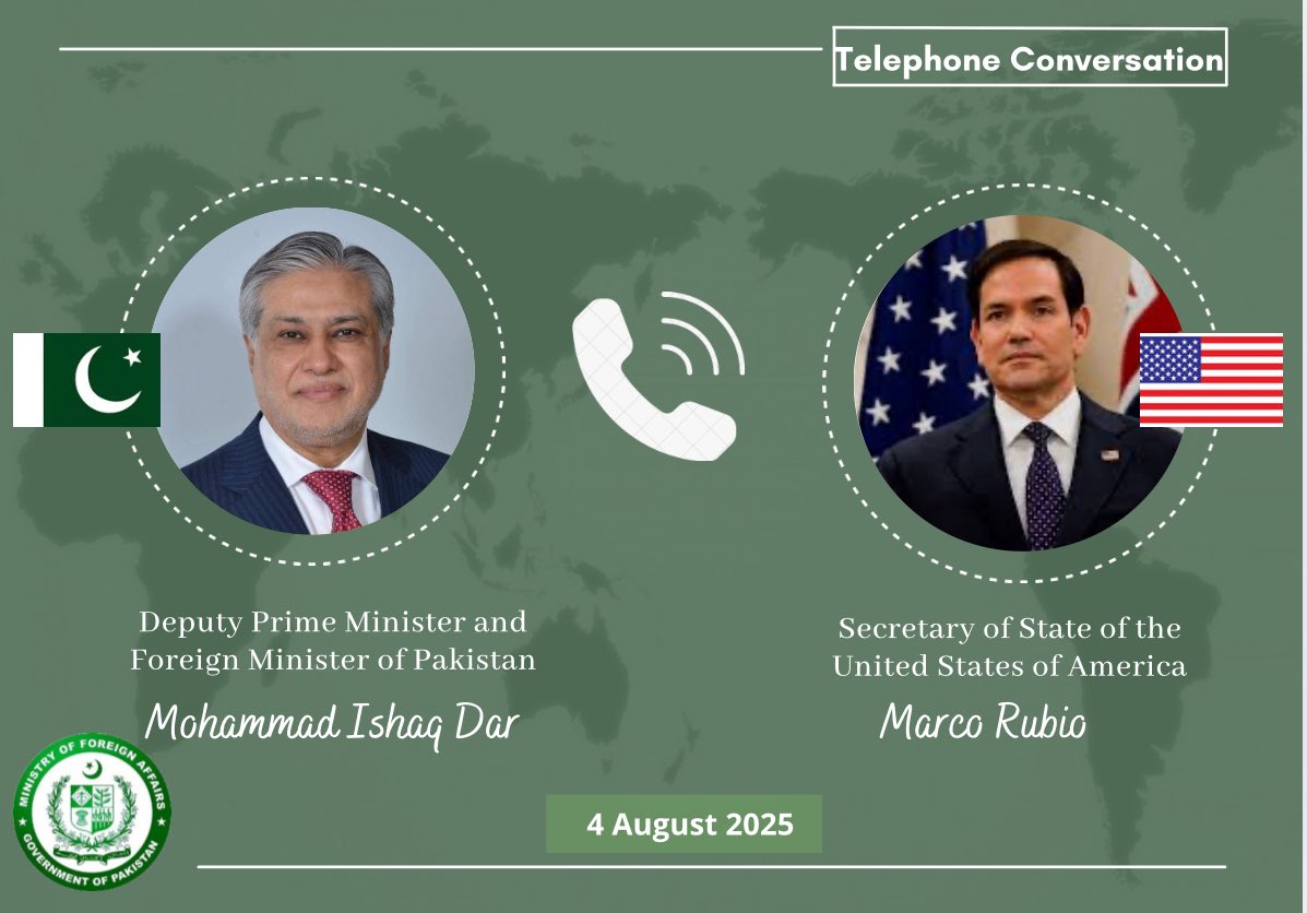 Ministry of Foreign Affairs - Pakistan (@foreignofficepk) on Twitter photo Deputy Prime Minister/Foreign Minister, Senator Mohammad Ishaq Dar <a href="/MIshaqDar50/">Ishaq Dar</a>, spoke with U.S. Secretary of State, Marco Rubio <a href="/SecRubio/">Secretary Marco Rubio</a>.
The two leaders discussed a range of bilateral matters and exchanged views on current regional & international issues. Both sides agreed to Deputy Prime Minister/Foreign Minister, Senator Mohammad Ishaq Dar <a href="/MIshaqDar50/">Ishaq Dar</a>, spoke with U.S. Secretary of State, Marco Rubio <a href="/SecRubio/">Secretary Marco Rubio</a>.
The two leaders discussed a range of bilateral matters and exchanged views on current regional & international issues. Both sides agreed to