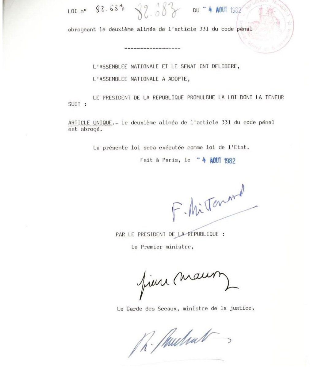 Il y a 43 ans, le 4 août 1982, sous l'impulsion de François Mitterrand, avec Pierre Mauroy et Robert Badinter, le délit d'homosexualité est enfin abrogé.

Un acte fondateur des socialistes et de la gauche pour l’égalité des droits.

Souvenons-nous : rien n'est jamais acquis.