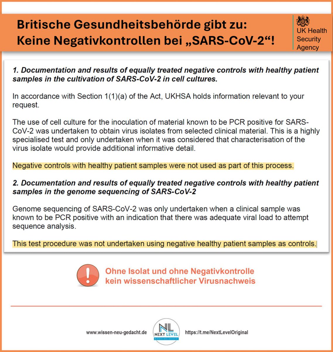 🚨 BREAKING: Britische Gesundheitsbehörde gibt zu – Keine Negativkontrollen bei „SARS-CoV‑2“!

Die UK Health Security Agency (UKHSA) hat offiziell eingeräumt:

„Negative controls with healthy patient samples were not used as part of this process. [...] This test procedure was not