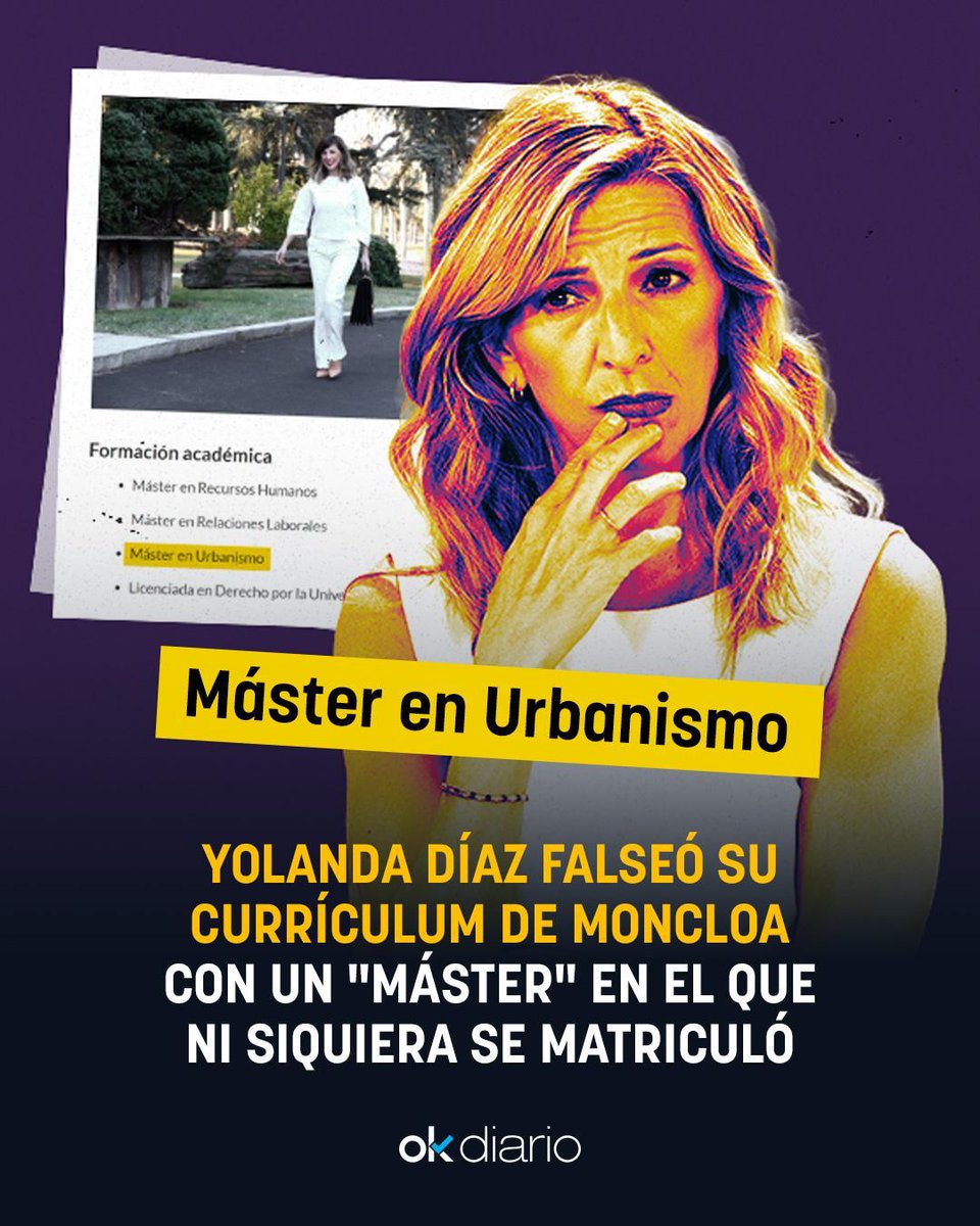 🚨 Yolanda Díaz falseó su currículum de Moncloa con un «máster» en el que ni siquiera se matriculó

👉🏻 Díaz presentó como "máster" un curso que formaba parte de una titulación de la Universidad de Santiago de Compostela