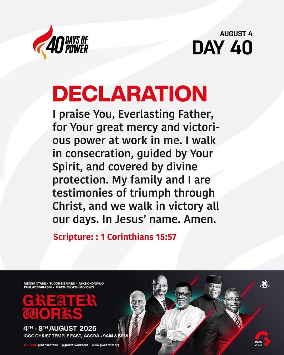 icgchispresence's tweet photo. #40DaysOfPower Declaration- Day 40π₯
My family and I are testimonies of triumph through Christ, and we walk in victory all our days.
#WeAreICGC #GW2025 https://t.co/tKqjxErrDr