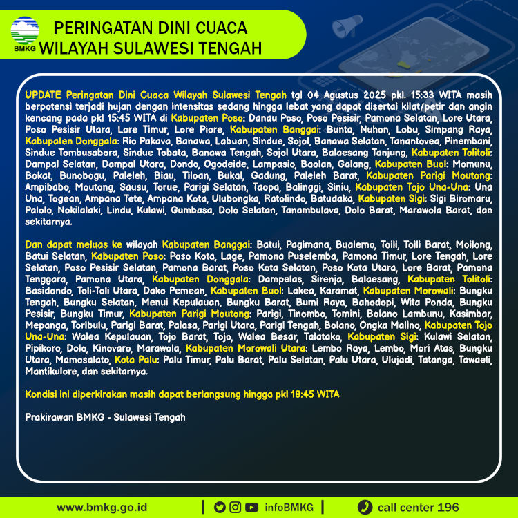 Update Peringatan Dini Cuaca Wilayah - Sulawesi Tengah Tgl. 04 Agustus 2025 pkl. 15:45 WITA
Prakirawan - BMKG - Sulawesi Tengah
nowcasting.bmkg.go.id/nowcast?kodwil…