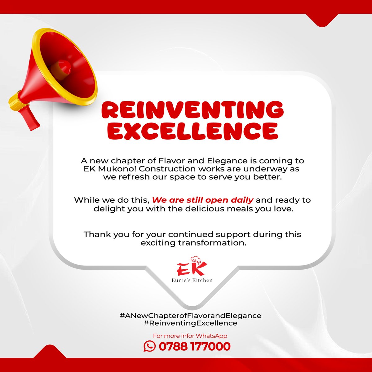 📢 Public announcement 📣

Reinventing Excellence

A new chapter of Flavor and Elegance is coming to EK Mukono! Construction works are underway as we refresh our space to serve you better.

While we do this, we are still open daily and ready to delight you with the delicious