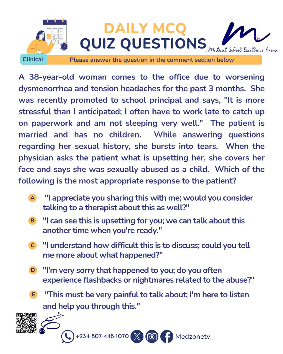 Medzonetv's tweet image. Can you tackle today’s MCQ?
Put your medical knowledge and diagnostic skills to the test!  

Please drop your answers in the comments below.

Follow us for daily quizzes and updates!