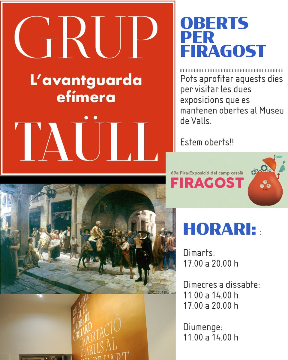 Estem oberts per Firagost. Pots aprofitar els dies de fira per visitar dues exposicions: La mostra permanent sobre l'aportació dels creadors vallencs al món de l'Art, i la que fa un repàs al que va significar el Grup Taüll en l'avantguarda pictòrica catalana al segle XX.