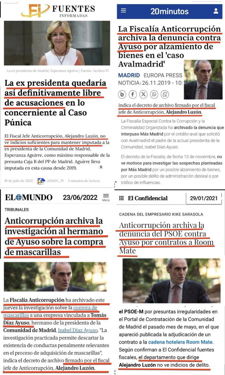 El fiscal anticorrupción nombrado por el gobierno de M. Rajoy y Montoro:
Pidió el archivo de Avalmadrid
Pidió el archivo de RoomMate
Pidió el archivo de la caja B del PP 
Pidió el archivo de las mascarillas del hermano de Ayuso
Persigue a la fiscal que investiga a Montoro
Claro