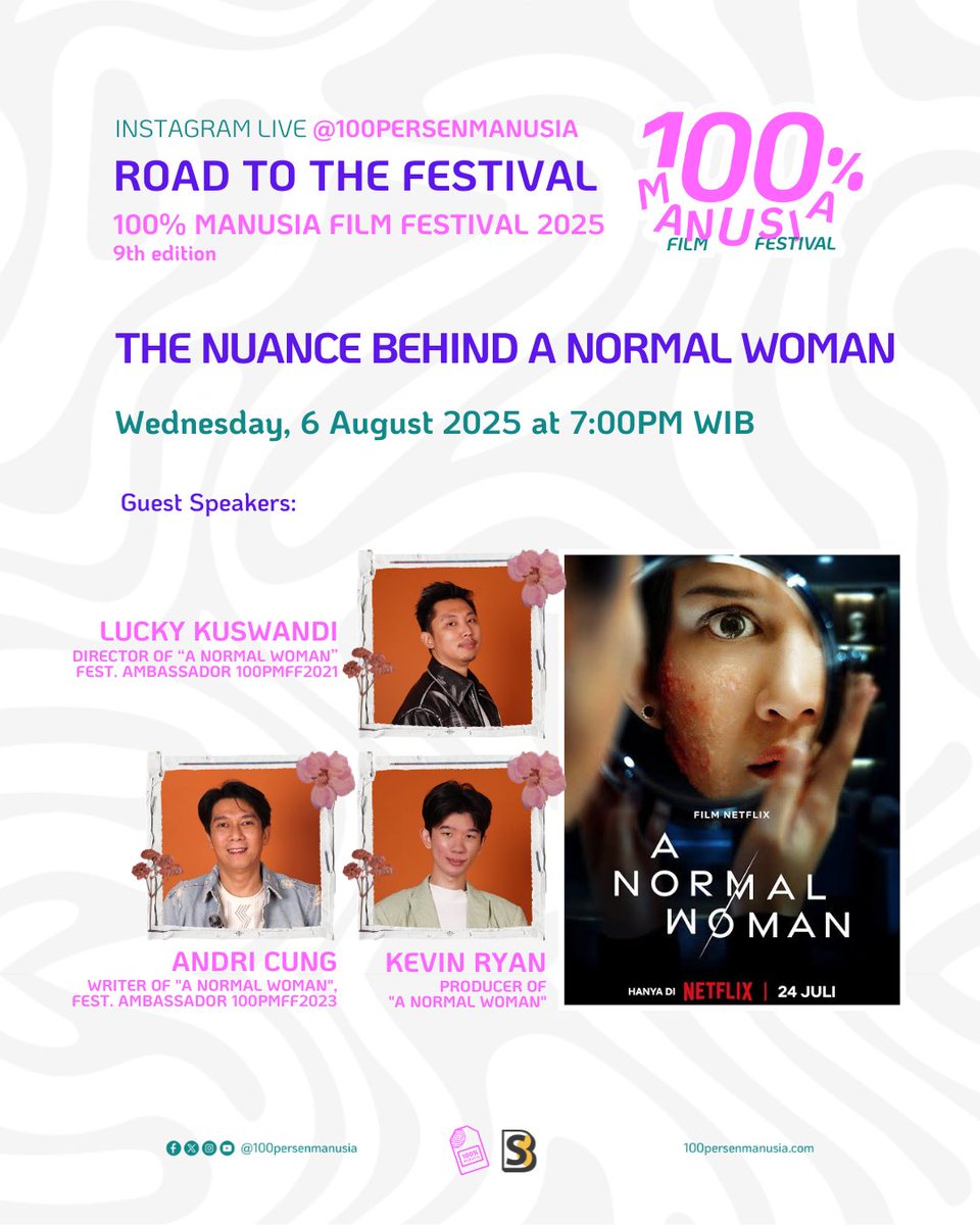 100prsenmanusia's tweet photo. 🎬 Road to #100PMFF2025 IG Live this Wednesday!

Chatting with Lucky Kuswandi, Andri Cung &amp; Kevin Ryan about A NORMAL WOMAN — the stories behind the story.

🗓️ 6 Aug • 🕖 19:00 WIB
📍 LIVE on Instagram @100persenmanusia

#100PersenManusia #IGLive #FilmFestival https://t.co/aGkRblLOyi