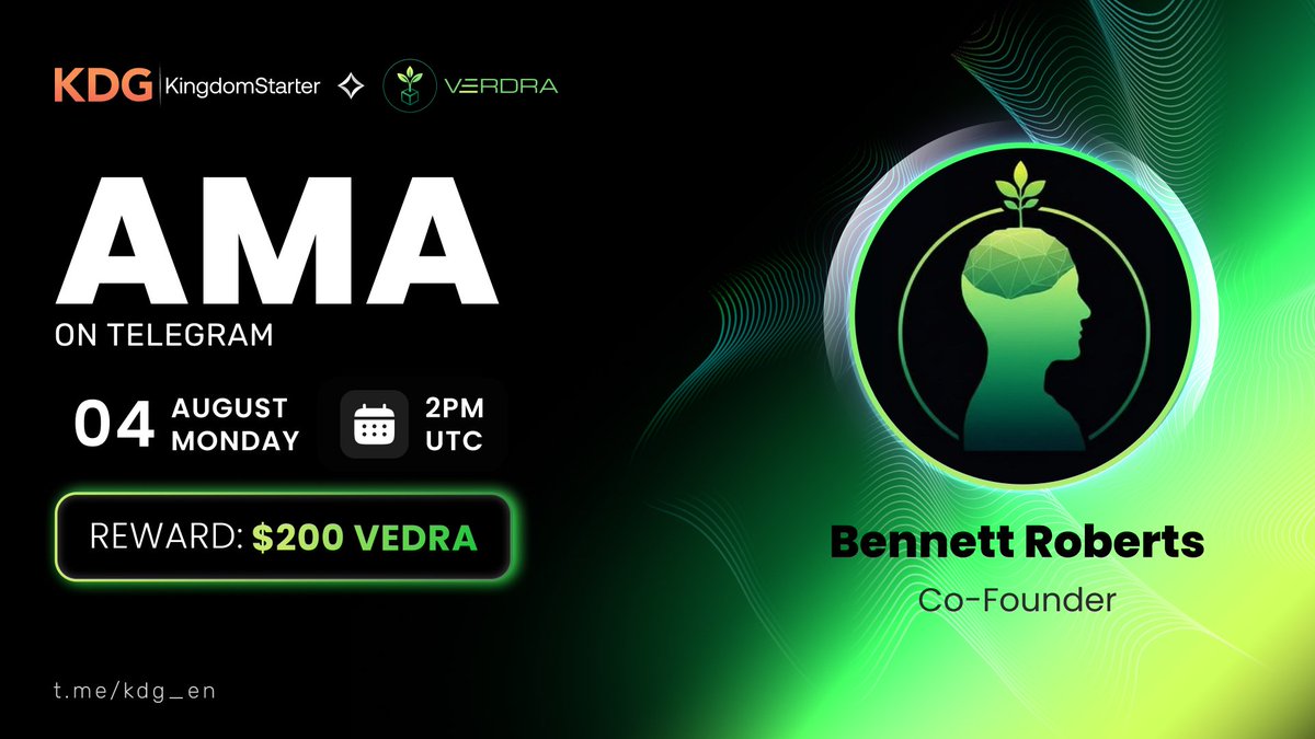 📝[TEXT AMA] KDG x <a href="/TheVerdra/">Verdra</a> 

🌟#Verdra is a pioneering real-world asset (RWA) crypto project that is reshaping the future of farming through blockchain-powered tokenization and profit-sharing mechanisms.

🔔Date: 2PM UTC August 4th
👍Venue: t.me/kdg_en
👑Speaker: