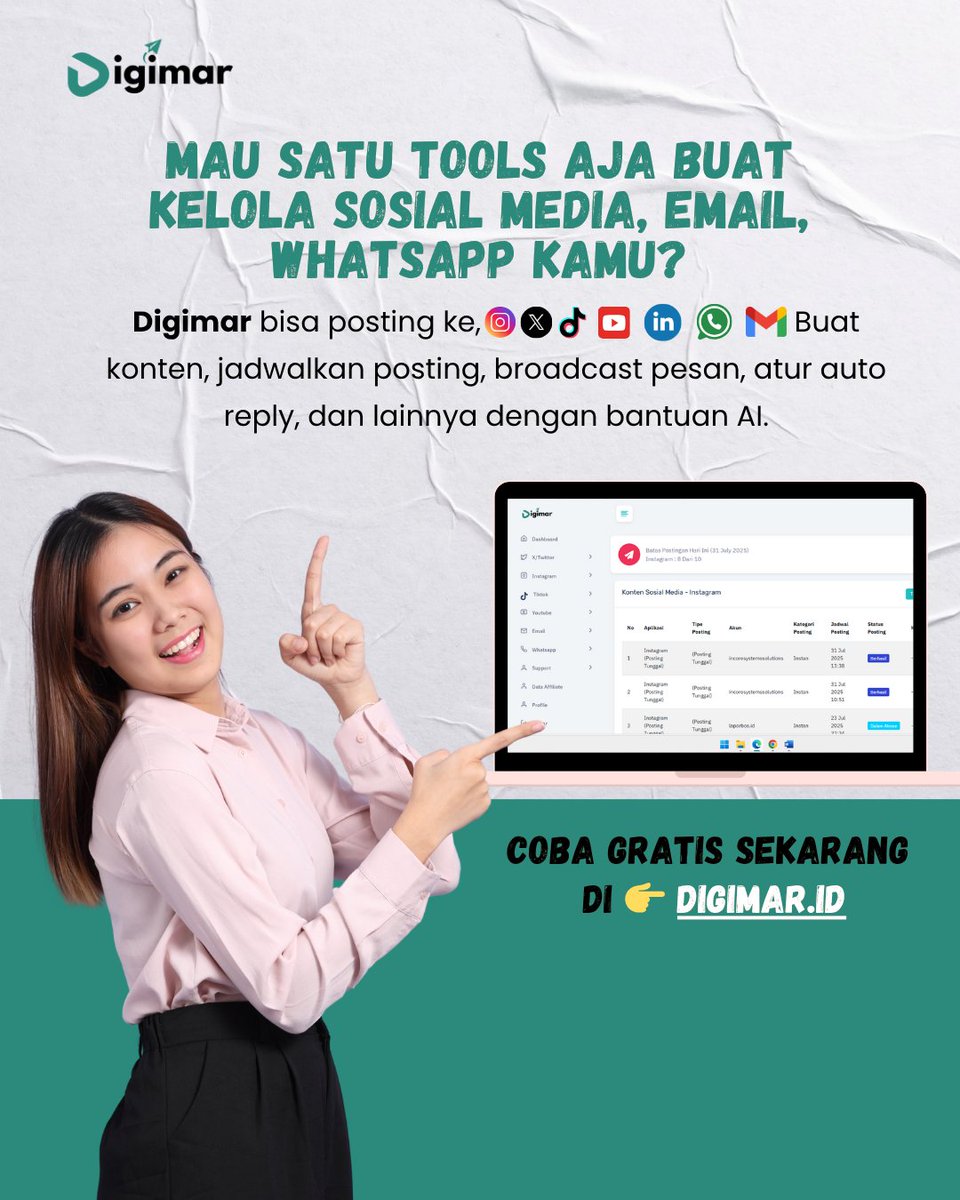 DigimarID's tweet image. Pernah nggak, mau posting di semua medsos tapi waktunya mepet, chat numpuk, email belum dikirim?
Capek kan?
Sekarang semua bisa dari 1 tools: penjadwalan posting otomatis, auto reply, broadcast, bikin konten pakai AI.
Cobain gratis di Digimar.id

#Digimar #Marketing
