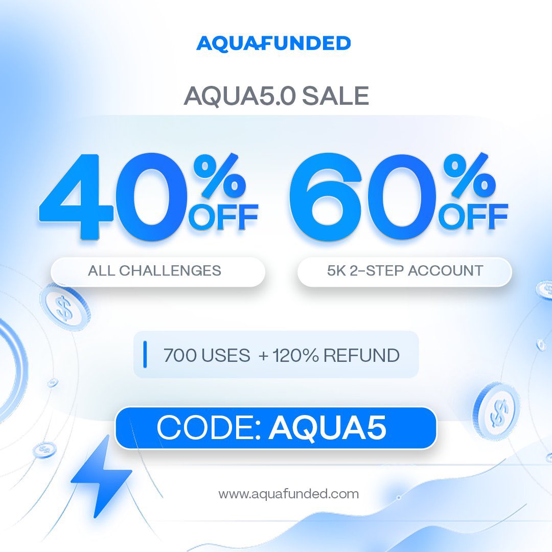 60% to 40% OFF all challenges to celebrate our NEW Aqua 5.0 branding! 🌊

💙 Up to 50% OFF challenges
💙 7 day payout &amp; 100% profit split addons available
💙 120% refund &amp; 700 uses only

Get funded now at 👉 aquafunded.com/?el=x