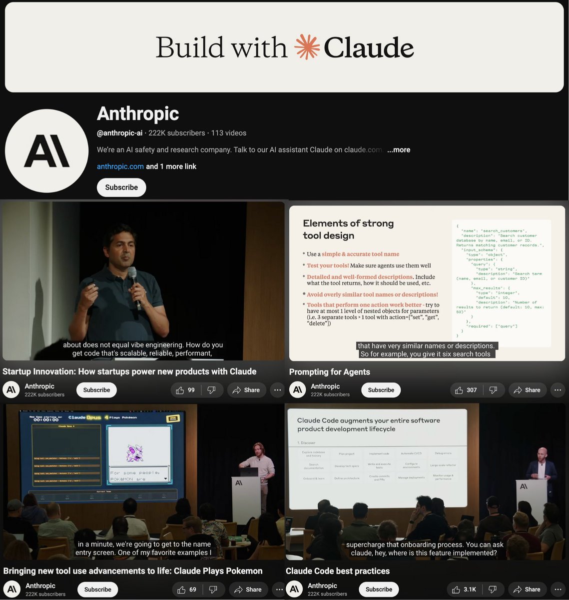 wtf anthropic dumped 17 new videos (8 hours worth of content) and some of them are pretty good:
> building ai agents with claude 
> claude plays pokemon
> claude code best practices
> prompting for agents
> how students build with claude
> vibe coding in prod