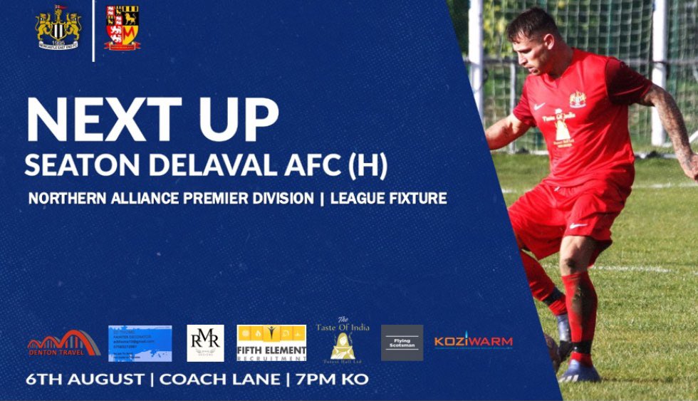 🔵 NEXT UP 🔵 

🆚 Seaton Delaval AFC
🗓 06/08/2025
⏰ 7PM KO
🏟 Coach Lane 
📍 NE7 7XA
Entry fee £3 adults/kids free 

It’s a quick turnaround this week as we host Seaton Delaval at home on Wednesday night.

Come and support the lads