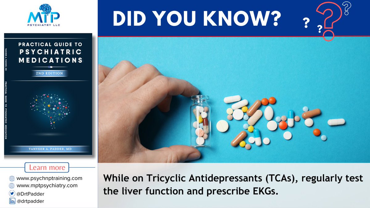 DrtPadder's tweet photo. While on Tricyclic Antidepressants (TCAs), monitor liver function and order EKGs regularly to ensure safety.
Learn more at 👉 https://t.co/r4zyIVehMd
#psychnptraining #drpadder #PsychiatryEducation #TCAsafety #mentalhealth #antidepressants #fnpstudent #nursepractitioner https://t.co/6MABqHYnsB