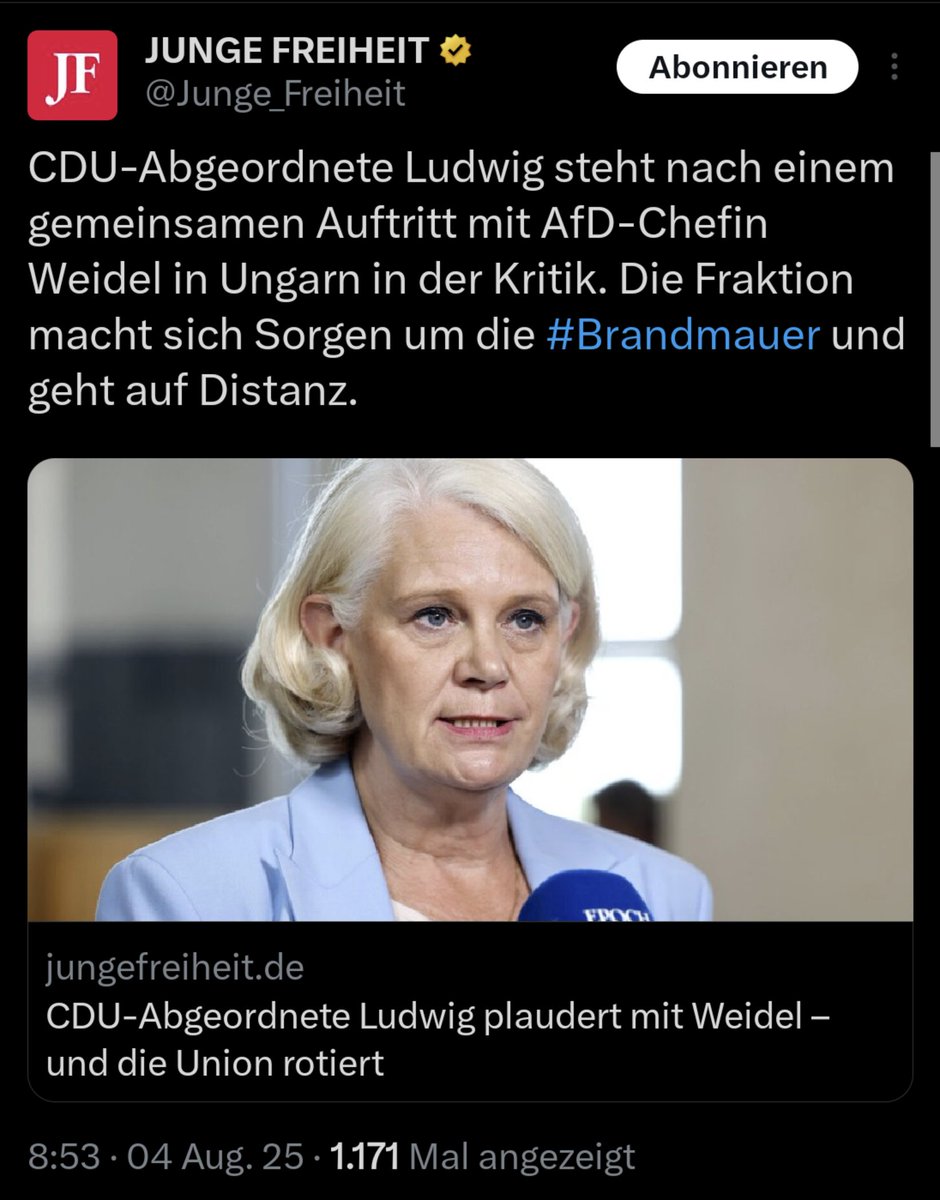 Wenn ein zufälliges Gespräch von Saskia Ludwig mit Alice Weidel in der CDU für intensivere Debatten sorgt als die unzähligen Vergewaltigungen &amp; Morde durch Migranten, zeigt das eines mehr als deutlich: es geht ihr schon lange nicht mehr um die Interessen des Landes. Beschämend.