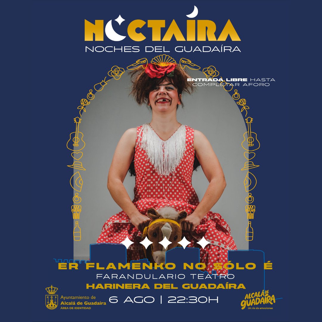 ¿Crees que el flamenco es solo baile y cante? 🧐💃
Noctaíra🌙nos brinda la oportunidad de vivir una noche llena de risas y reflexiones.
⏱ 22.30h.
📆 Miércoles 6 de agosto.
📍Harinera del Guadaíra
🎫 Entrada libre hasta completar aforo.
#turismo #cultura #Noctaíra