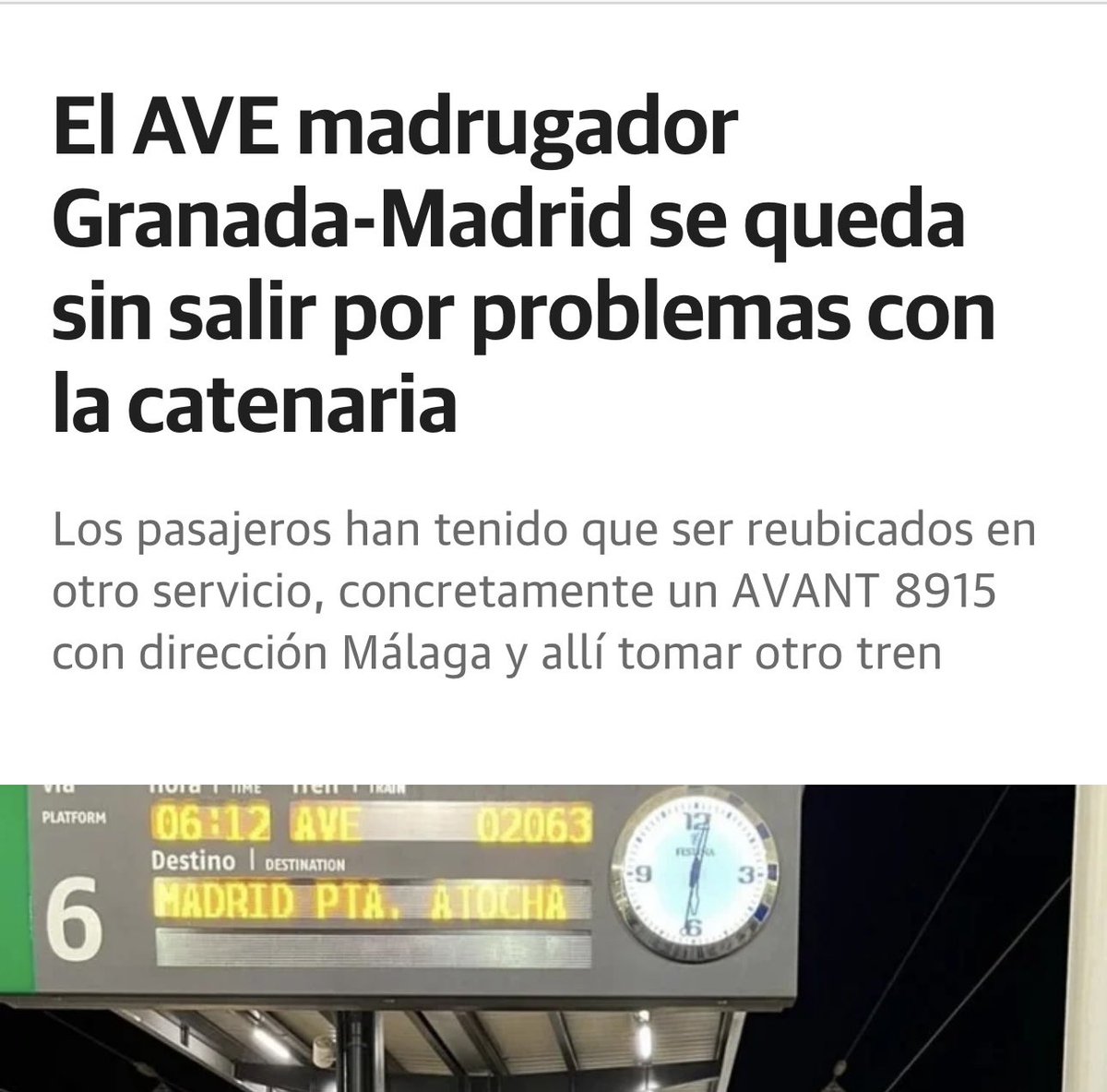 🚄 La incompetencia en la gestión del ferrocarril del Gobierno de España nos sigue afectando a los #granadinos

Son intolerables los continuos retrasos y cancelaciones que sufre nuestra provincia en la línea de alta velocidad 

Exigimos gestión y soluciones!!