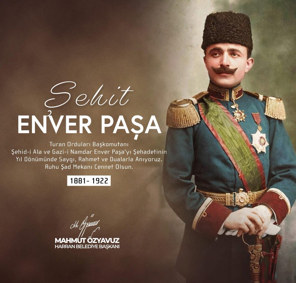 Turan Orduları Başkomutanı Şehid-i Ala ve Gazi-i Namdar Enver Paşa'yı Şehadetinin Yıl Dönümünde Saygı, Rahmet ve Dualarla Anıyoruz. 

Ruhu Şad Mekanı Cennet Olsun.