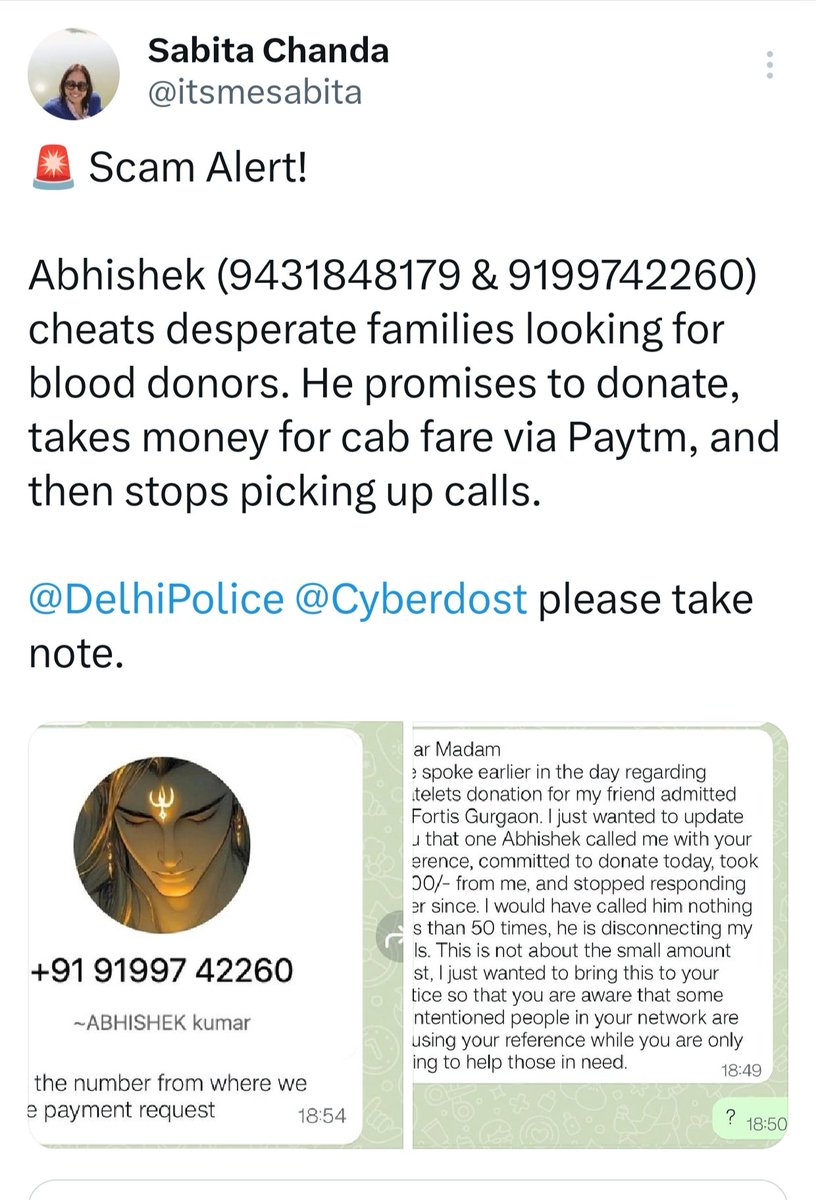 Had flagged this earlier. <a href="/Abhishe80147633/">Abhishek Kumar</a>, Mb No: 9199742260, is a scammer who gets contact numbers of families in desperate need of blood from social media, asks them to send money online promising to come donate, and then blocks them without turning up.

#ScamAlert
#FakeAlert
