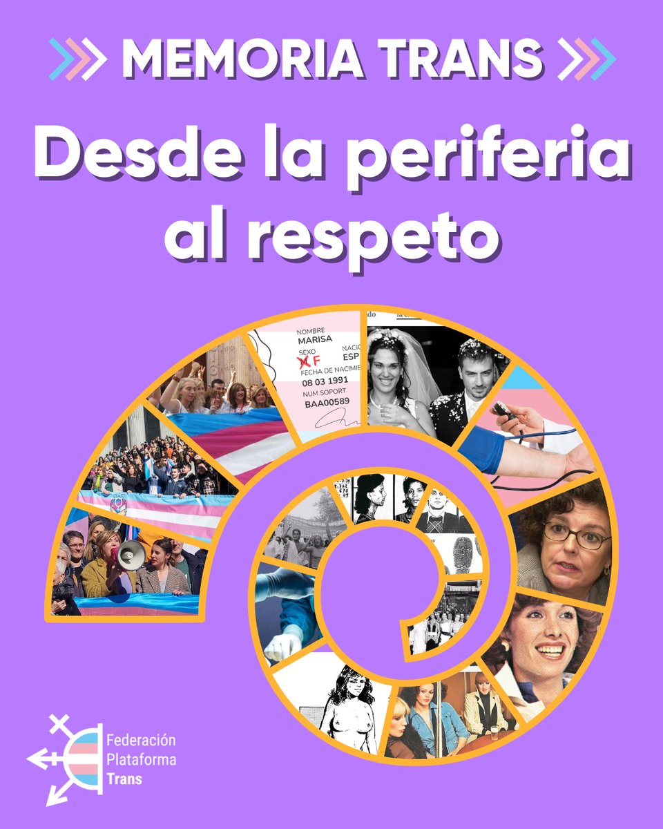 CambrolleMar's tweet photo. «𝗗𝗲𝘀𝗱𝗲 𝗹𝗮 𝗽𝗲𝗿𝗶𝗳𝗲𝗿𝗶𝗮, 𝗮𝗹 𝗿𝗲𝘀𝗽𝗲𝘁𝗼»
La Federación Plataforma Trans, presenta esta iniciativa cultural, compuesta por 16 infografías, que nace con la voluntad de recorrer la memoria histórica del colectivo trans en el Estado español, poniendo especial énfasis en los momentos clave de la segunda república, la dictadura franquista y la democracia. 

Este repaso visual y documental es una herramienta para visibilizar las luchas, resistencias y silencios que han marcado las vidas de las personas trans, a menudo condenadas a vivir en los márgenes: desde la periferia social, institucional y política. Una periferia donde, a pesar del estigma, hemos tejido formas de supervivencia, organización y dignidad que merecen ser reconocidas. 

Esta propuesta no es solo una muestra cultural, sino también una acción política y pedagógica: defender la memoria como un derecho y como instrumento de reparación. Poner en valor los nombres, rostros y hechos que la historia oficial ha querido olvidar es un paso hacia el respeto, la reparación y la justicia social para el colectivo trans. 

«Desde la periferia, al respeto» es un acto de reconocimiento y reivindicación, pero también un grito de alerta: no podemos construir un futuro digno sin mirar de frente al pasado. Esta exposición quiere contribuir a mantener viva la memoria silenciada de nuestro colectivo, abriendo caminos hacia una sociedad más inclusiva, diversa y transpositiva. 

Porque no hay democracia completa sin memoria!
Porque somos historia, somos presente y seremos futuro!