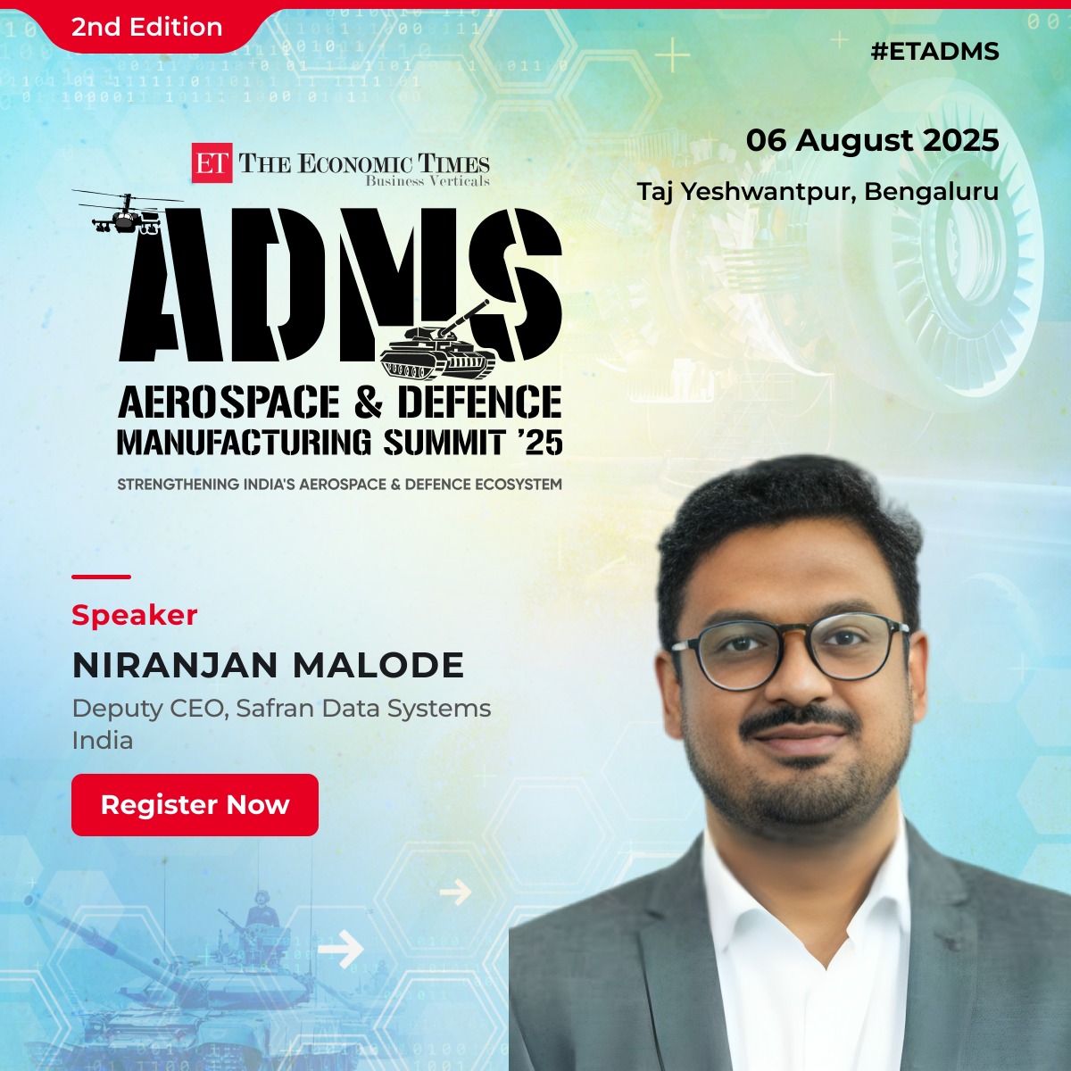 Join Niranjan Malode, Deputy CEO, Safran Data Systems India, at The Economic Times Aerospace &amp; Defence Manufacturing Summit 2025 as he shares insights on integrating advanced telemetry.

🔗 Register now:
…acturing.economictimes.indiatimes.com/aerospace-defe…

#ETADMS #SafranIndia #AerospaceInnovation