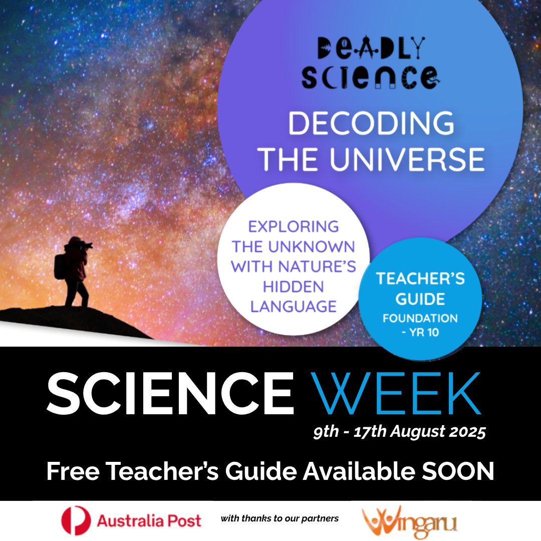 DeadlyScience's tweet image. Our Decoding the Universe F–10 Teaching Guide is nearly here! 🌟
Created with Australia Post &amp;amp; Wingaru Education, it’s packed with hands-on STEM, lessons &amp;amp; yarns from Aboriginal &amp;amp; Torres Strait Islander knowledge holders.
Coming soon!
#DeadlyScience #ScienceWeek2025