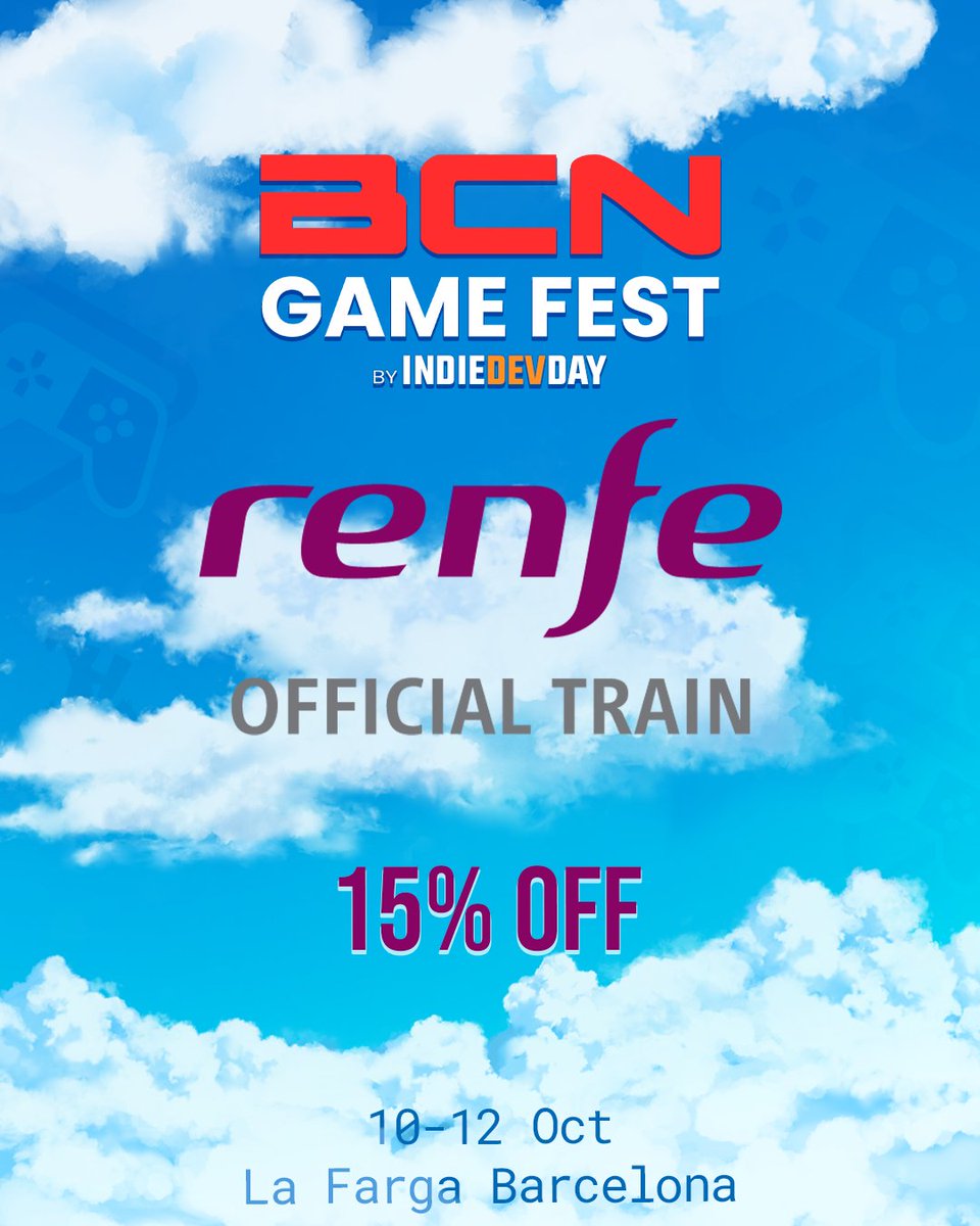 Este descuento es muy chu-chu-chuli 🚂

Para quienes venís a <a href="/bcngamefest/">BCN Game Fest</a> 
de tierras lejanas en AVE de larga distancia, ya tenéis en la web el 15% de descuento que podéis utilizar en la compra de vuestros billetes 🎟️

Debajo del Mapa en la web 🗺️
🔗 bcngamefest.com/es/
