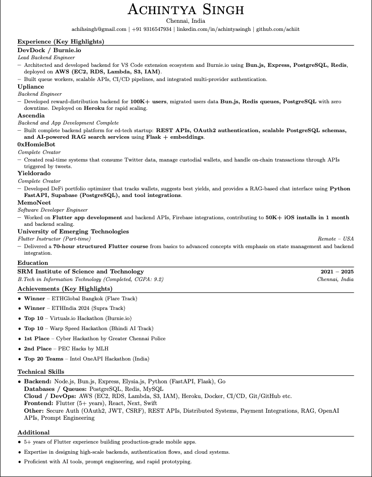 After a long time, finally compiled my backend engineering journey particularly into a 1-page resume.

Bun, Python, Redis, Postgres, AWS, RAG, real-time infra, all in the mix.

check below — always up for cool builds and good convos 🛠️
