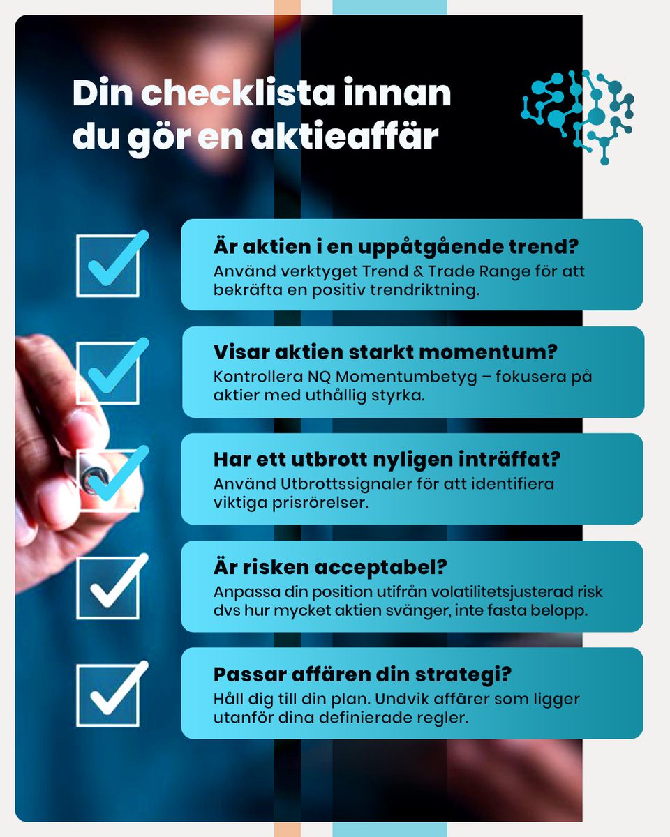 Innan du gör din nästa aktieaffär – stäm av mot denna checklista:
Det här är stegen som NQ medlemmar följer för att filtrera bort bruset och behålla disciplinen.
👉 Vill du investera med mer struktur? Börja här: neuroquant.ai

#NeuroQuant #Finanstwitter #fintwitt