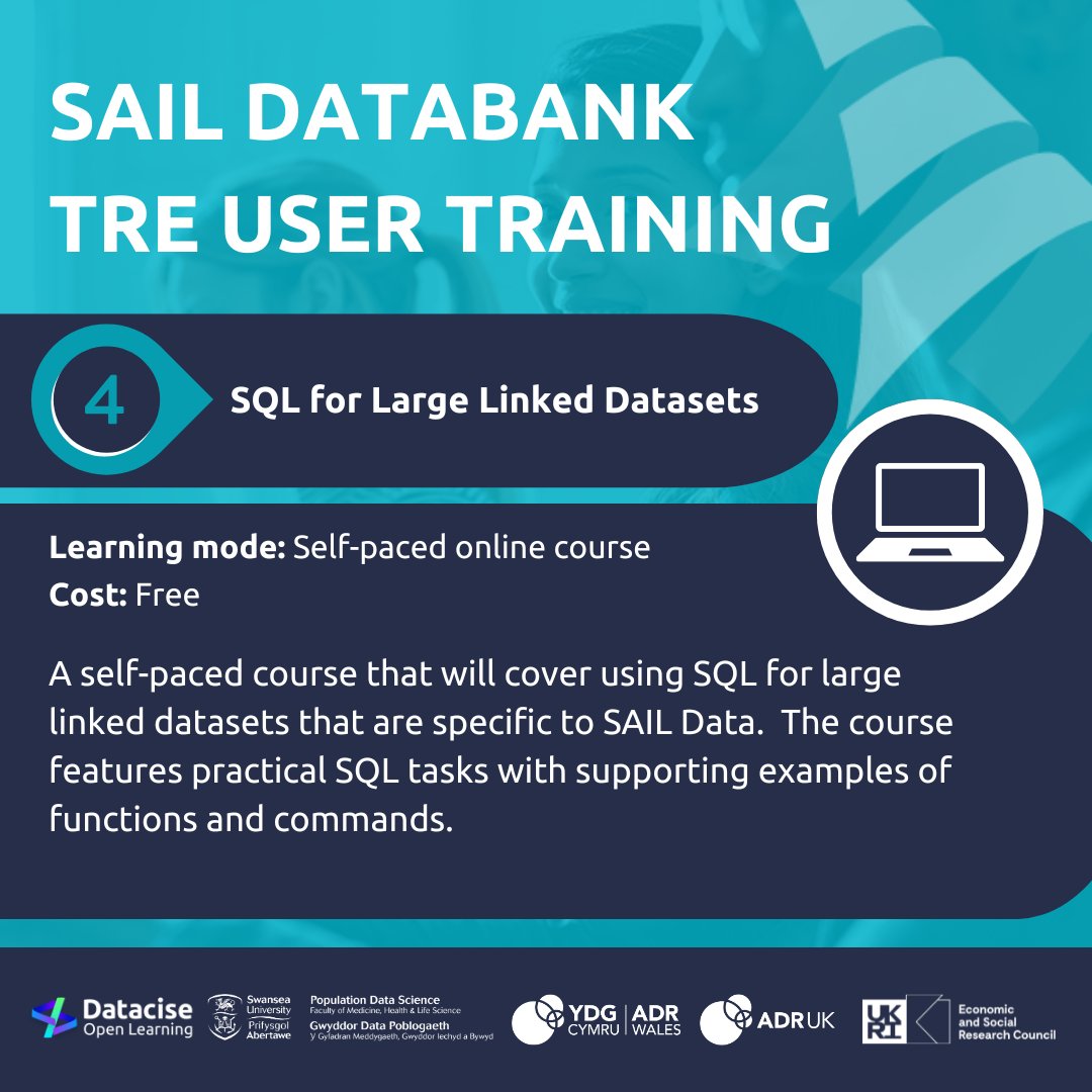 Datacise Open Learning (@dataciseopen) on Twitter photo 🚀 Join our suite of free, online, and self-paced courses, developed in partnership with <a href="/SAILDatabank/">SAILDatabank</a> to enhance user journey:
📢 Now featuring NEW SQL for Large Linked Datasets course! 📢
🖱 SAIL Databank Induction
Unlock the essentials of accessing and using the SAIL 🚀 Join our suite of free, online, and self-paced courses, developed in partnership with <a href="/SAILDatabank/">SAILDatabank</a> to enhance user journey:
📢 Now featuring NEW SQL for Large Linked Datasets course! 📢
🖱 SAIL Databank Induction
Unlock the essentials of accessing and using the SAIL
