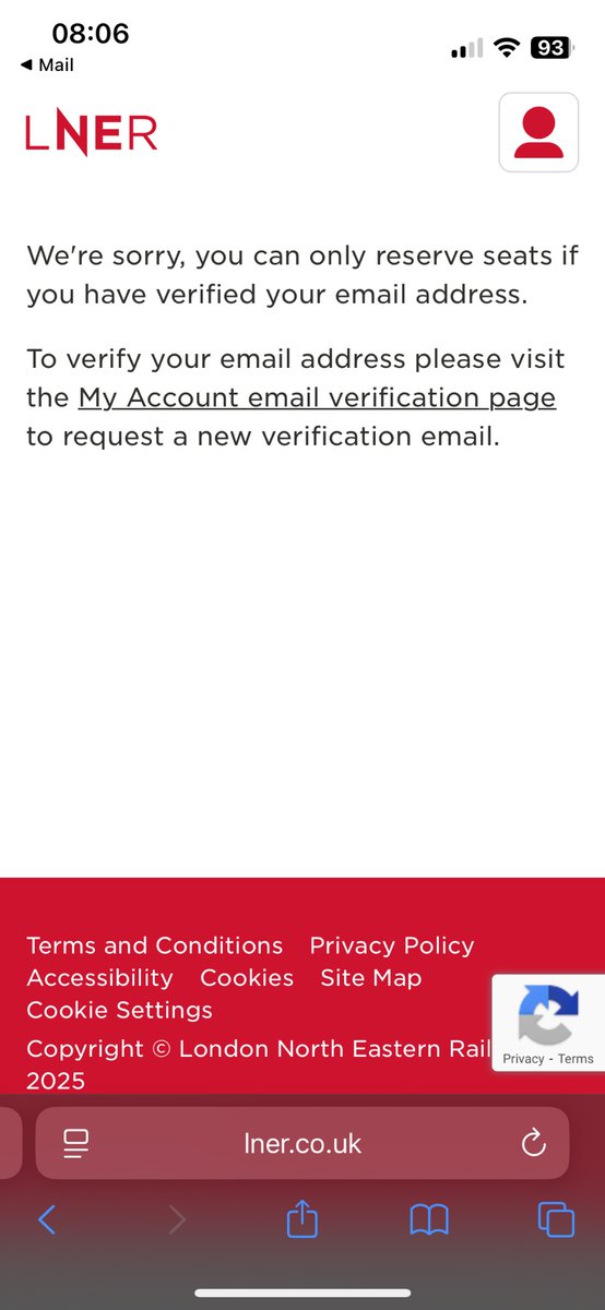 hannan_beard's tweet photo. @LNER Hi, I’m stuck in a loop where it says I need to verify my email. I can see a few other people have said this too. Will seat reservations be in place on these trains after today? https://t.co/RzRKS3f7Rw