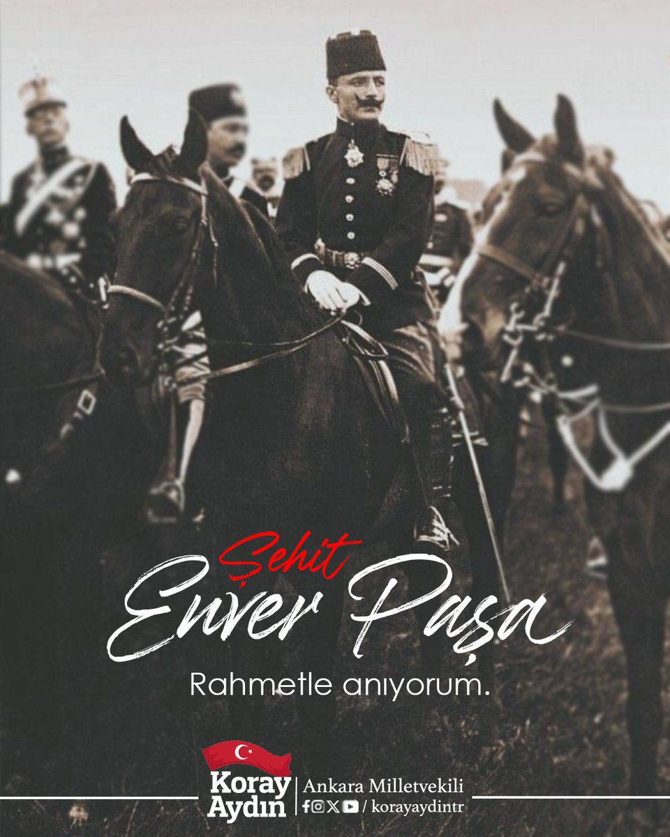 🇹🇷Balkanlardan, Türkistan bozkırlarına kadar Türk milleti için mücadele etmiş, şatafatlı hayatı elinin tersiyle itmiş ve can vermiş olan büyük komutan Şehit #EnverPaşa’yı şehadet yıl dönümünde rahmet, minnet ve dualarla anıyorum.