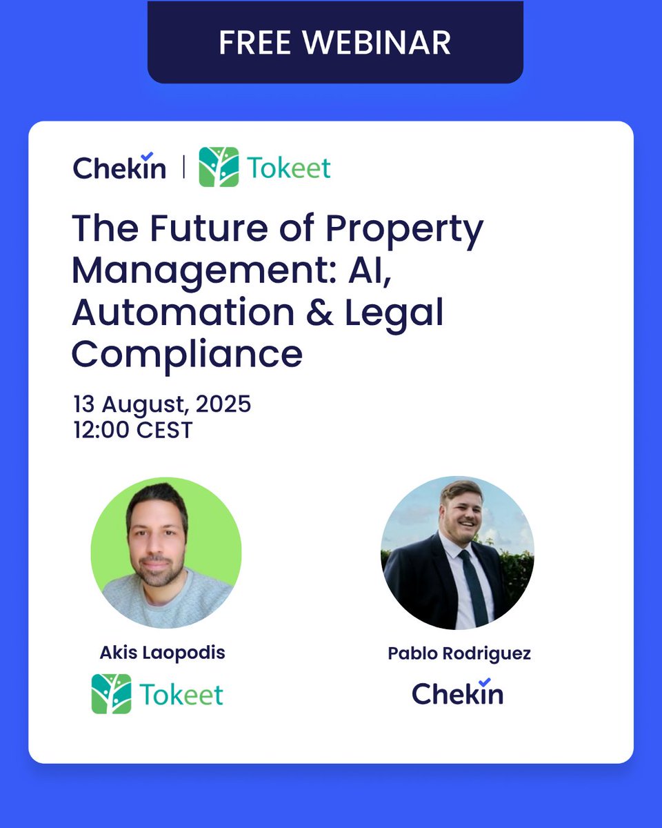 Chekin (@chekinapp) on Twitter photo 📢 Property managers — ready to work smarter, not harder?
Join our free webinar with Chekin & Tokeet (<a href="/tokeetapp/">Tokeet Support</a>):
The Future of Property Management: AI, Automation & Legal Compliance
📆 Aug 13, 12 PM CEST | 💻 Online
🔗 Register now: hubs.la/Q03zKGyr0 📢 Property managers — ready to work smarter, not harder?
Join our free webinar with Chekin & Tokeet (<a href="/tokeetapp/">Tokeet Support</a>):
The Future of Property Management: AI, Automation & Legal Compliance
📆 Aug 13, 12 PM CEST | 💻 Online
🔗 Register now: hubs.la/Q03zKGyr0