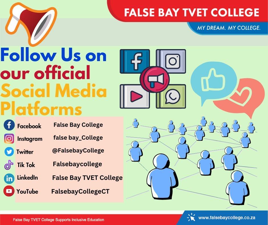📢 Stay connected with False Bay TVET College! 📲

Follow us for the latest on campus events, opportunities &amp; student life. 

Don’t miss out - join our online community today! 

#FalseBayTVETCollege #StayConnected #FollowUs #SATVETColleges #HigherEducation