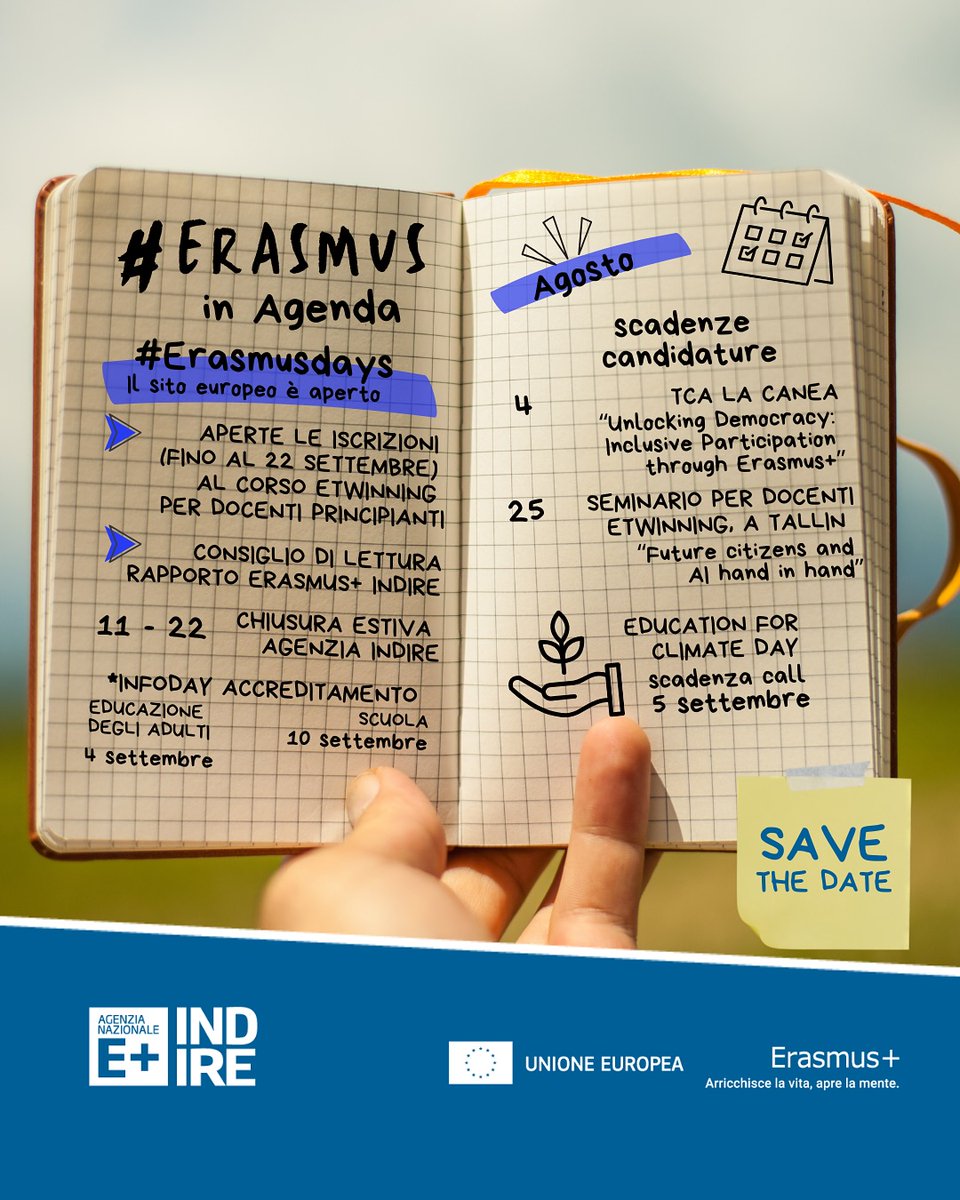 #ErasmusinAgenda #Agosto 
Come ogni mese, arriviamo puntuali con la nostra agenda per segnalarvi i principali eventi, scadenze e iniziative del mese.
Info su: erasmusplus.it
#erasmusplus