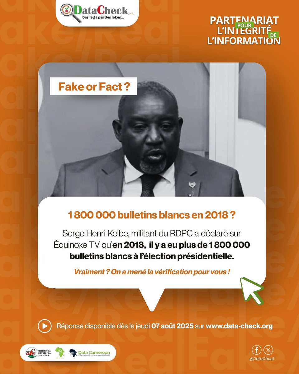 🗳️ 1,8 million de bulletins blancs à la présidentielle 2018 ?
Fake or Fact ? 🤨
👉 Rdv le 07 août sur data-check.org pour le verdict.

#PPII #Présidentielles2025
<a href="/cameroon_data/">Data Cameroon</a> <a href="/DatacheckOrg/">DataCheck.org</a> <a href="/AdisiCameroun/">ADISI-Cameroun</a> <a href="/elecamofficiel/">ELECAM Elections Cameroon</a> <a href="/EquinoxeTv_cm/">Équinoxe Télévision</a>