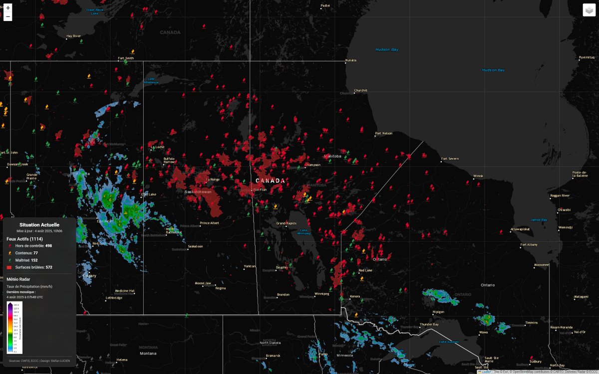 AI_Stef78's tweet photo. La situation dans le Manitoba (voir mes précédents posts) et le Saskatchawan est juste incroyable quand on voit les surfaces brûlées. Carte fabriquée à partir des données du @CWFIS et de l' @ECCCWeatherSK https://t.co/VNTADzXaNK