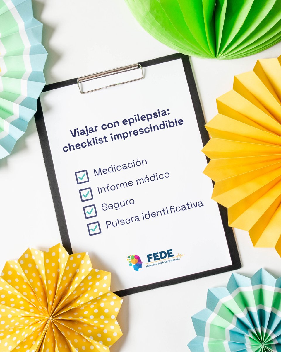 𝗩𝗶𝗮𝗷𝗮𝗿 𝗰𝗼𝗻 𝗲𝗽𝗶𝗹𝗲𝗽𝘀𝗶𝗮: 𝗰𝗵𝗲𝗰𝗸𝗹𝗶𝘀𝘁 𝗶𝗺𝗽𝗿𝗲𝘀𝗰𝗶𝗻𝗱𝗶𝗯𝗹𝗲. Si tienes epilepsia y vas a viajar este verano, no olvides: medicación, informe médico, seguro y pulsera identificativa. Disfruta con seguridad. #EpilepsiaEnMovimiento #ViajaSeguro #FEDE