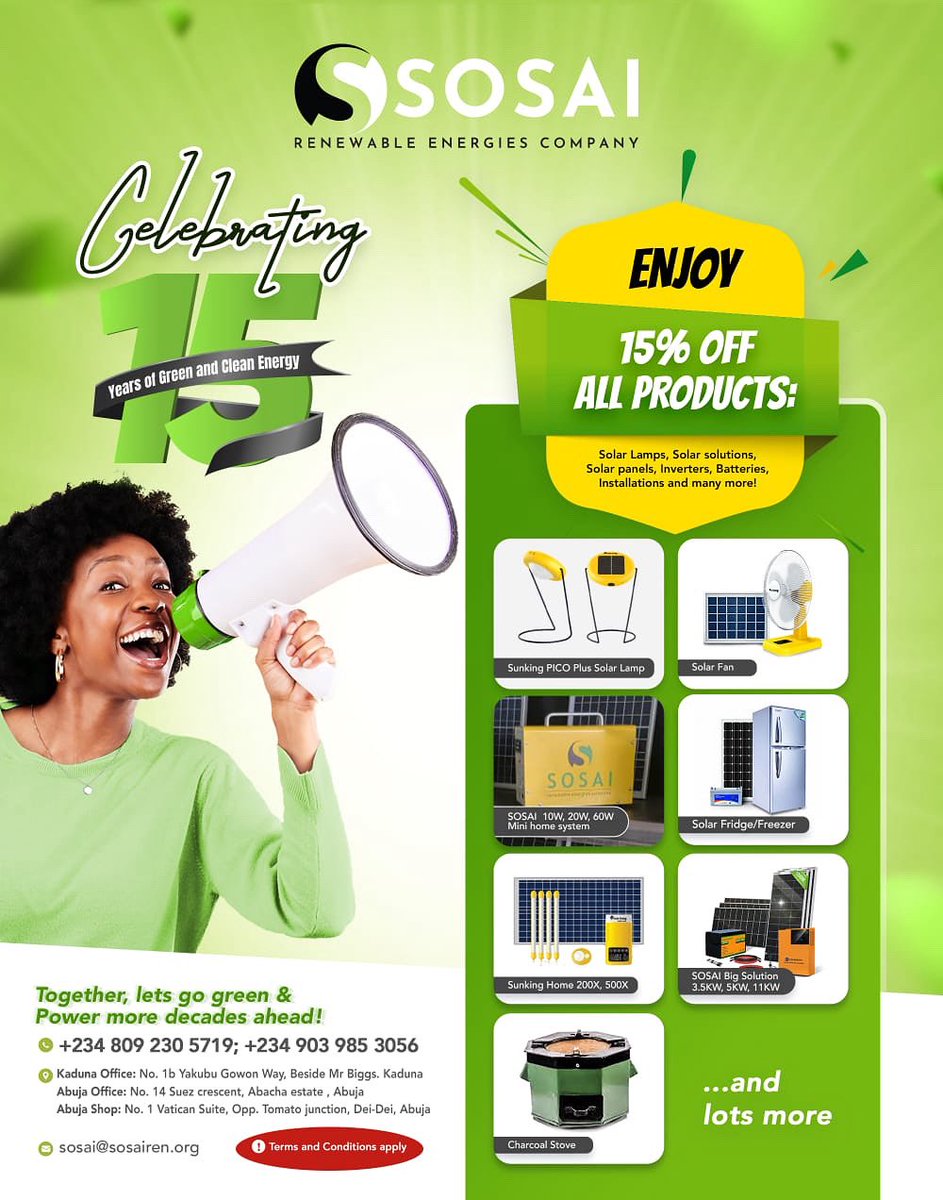 sosairen's tweet image. 📣📣 Sosai Renewable Energy is turning 15 this year and we are going big with amazing discounts and activities lined up. 

Visit any of our branches to purchase any of these solar products and get a whooping 15% off for the rest of the month and even year.

#Sosaiat15 #solarpower
